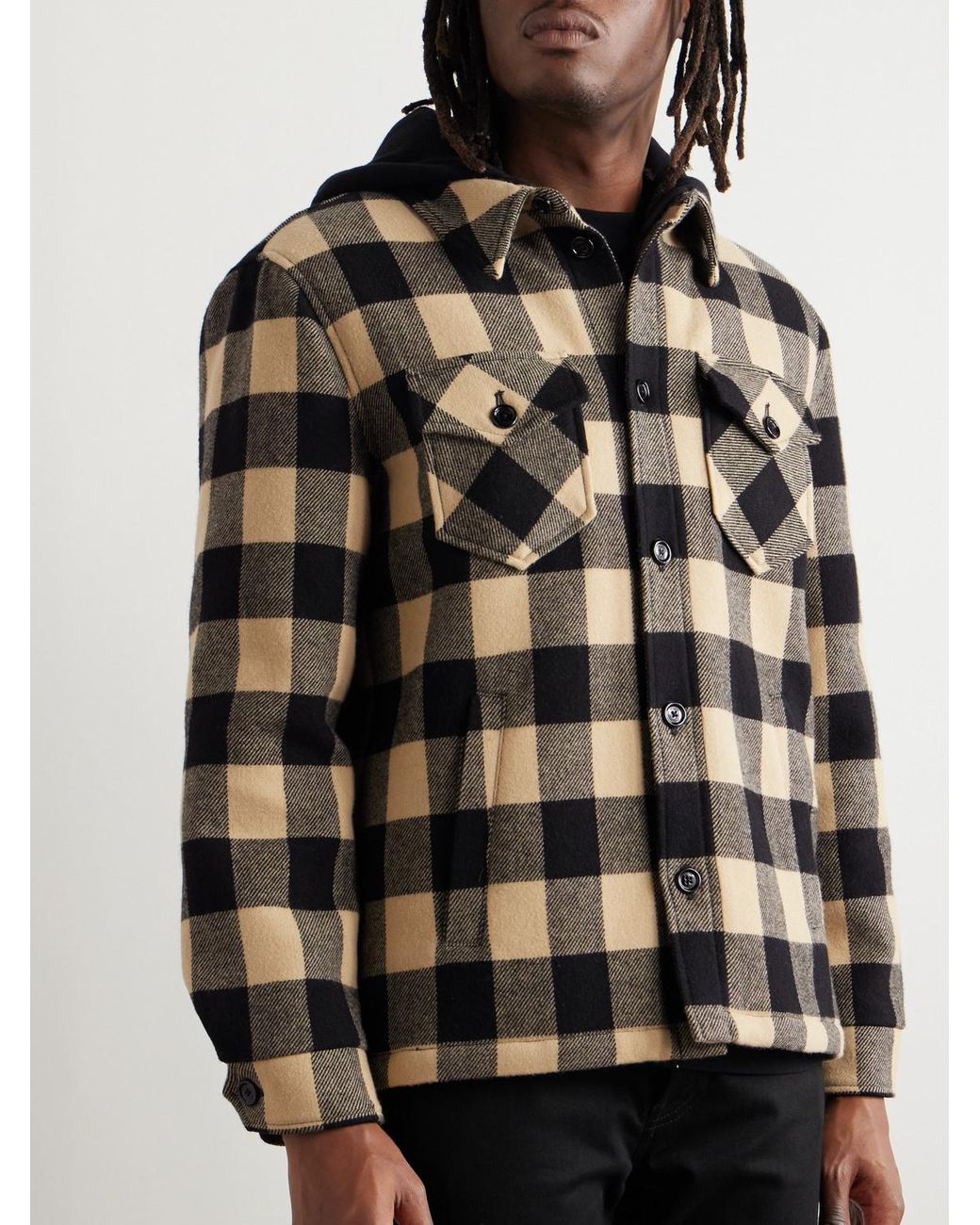 Celine Logo-Print Cotton Jersey-Trimmed Padded Checked Wool Hooded