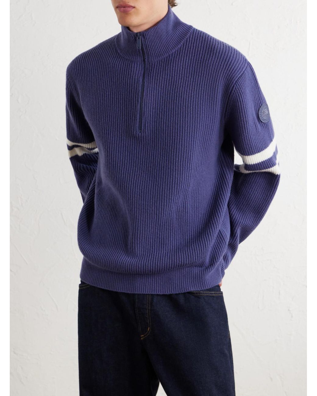 Canada Goose Blue Mckinney Logo-Appliquéd Striped Ribbed Wool Half-Zip Sweater for men