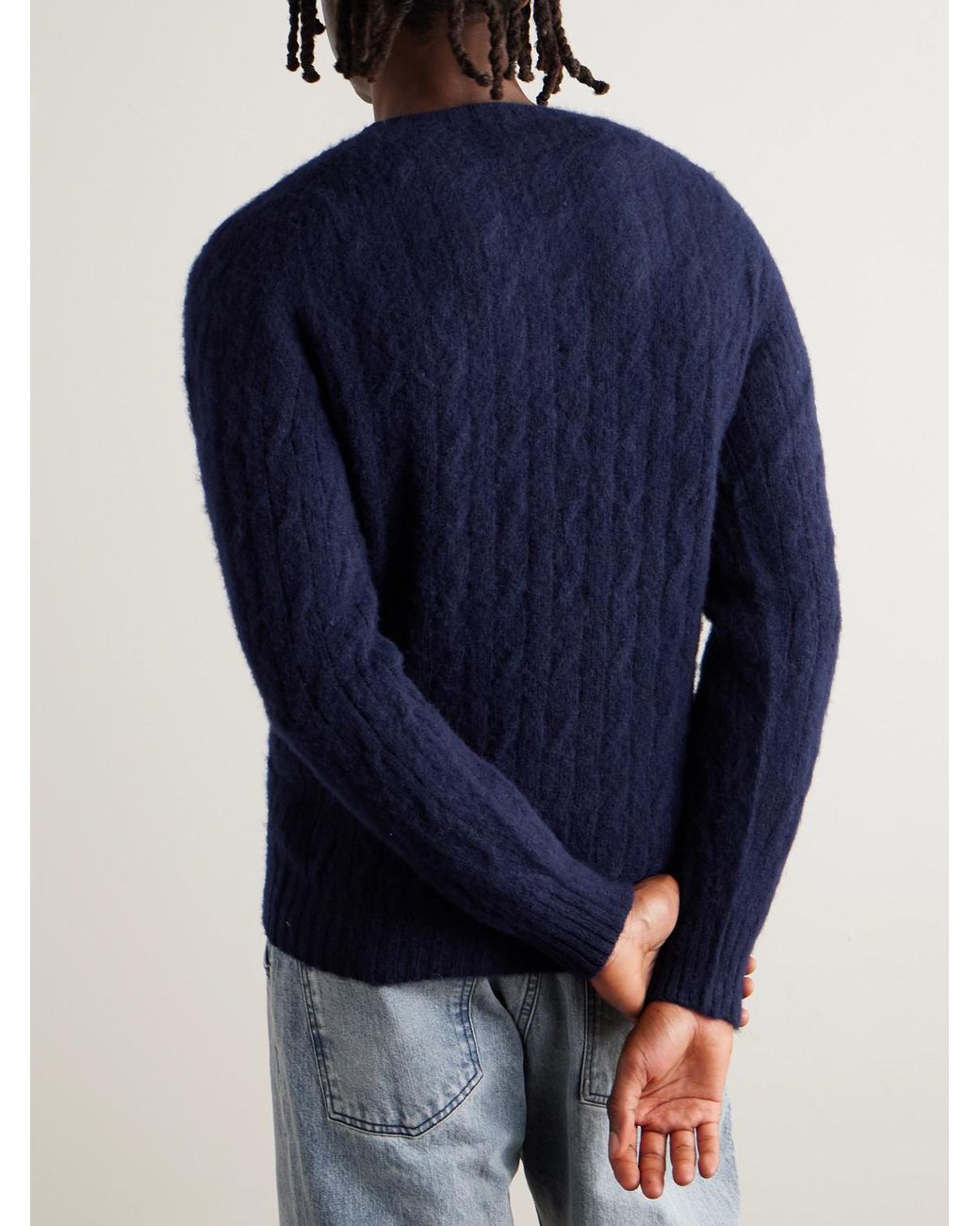 Drake's Blue Cable-Knit Brushed Shetland Wool Sweater for men