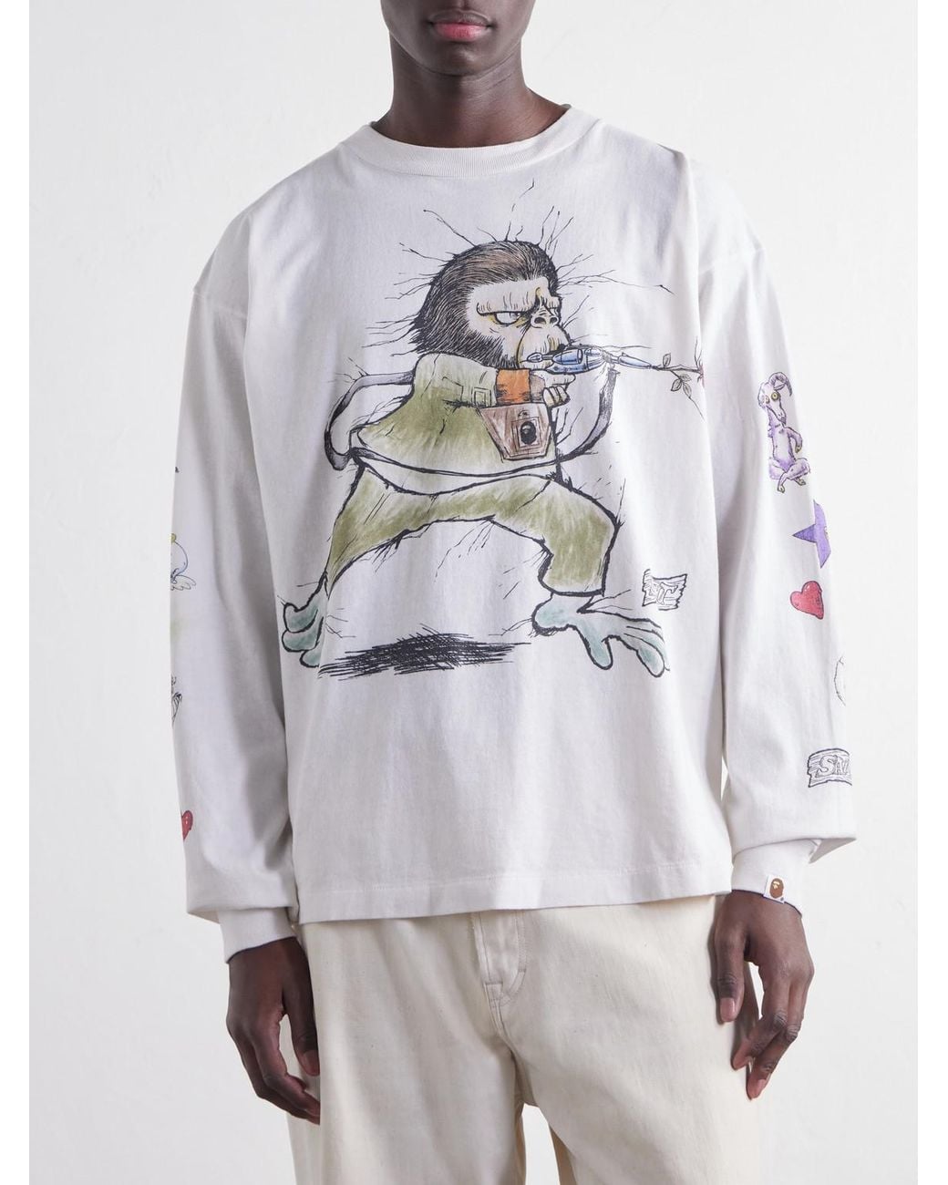 SAINT Mxxxxxx White Bape Running Printed Distressed Cotton-Jersey T-Shirt for men
