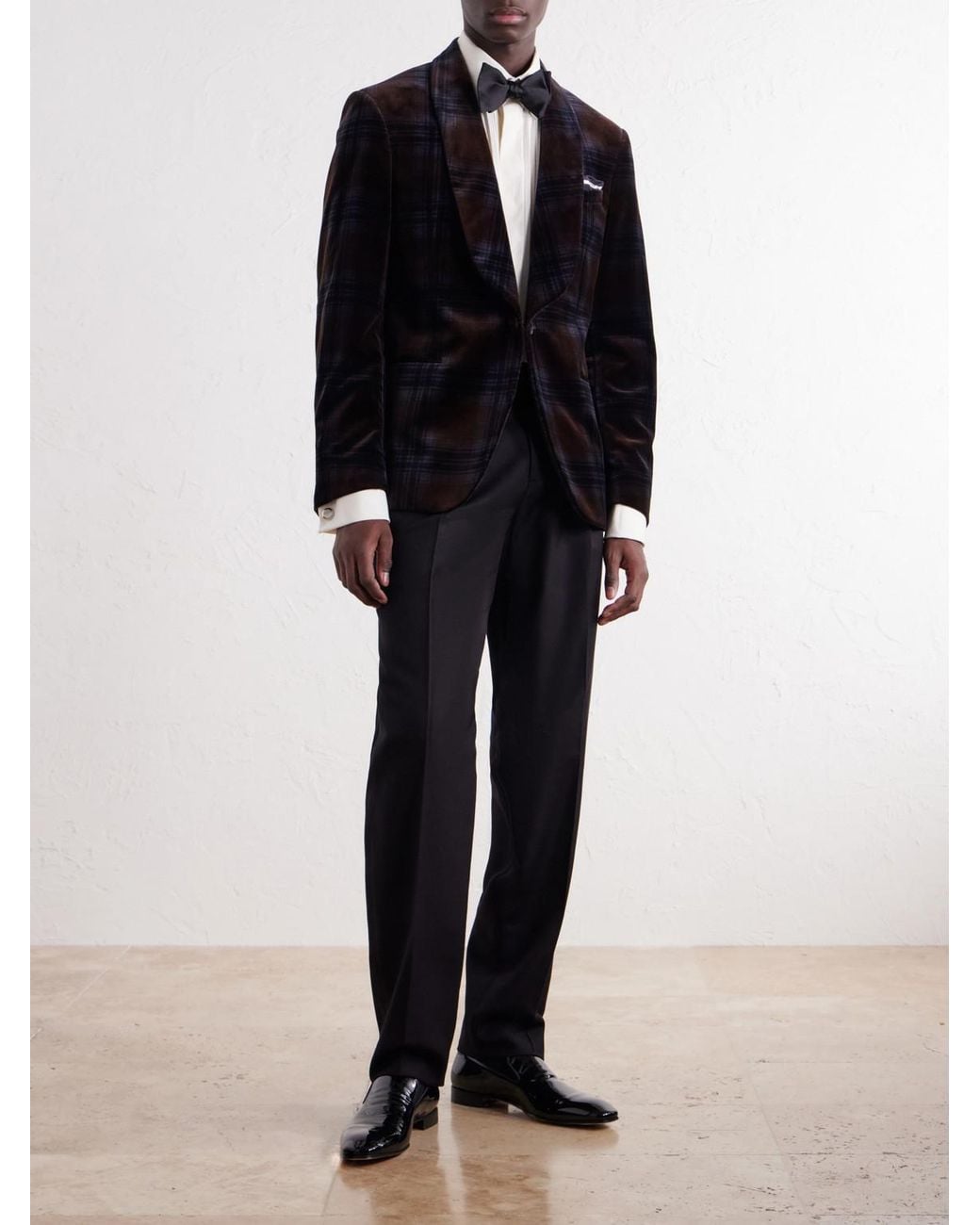 Mr P. Blue Shawl-Collar Checked Cotton-Velvet Tuxedo Jacket for men