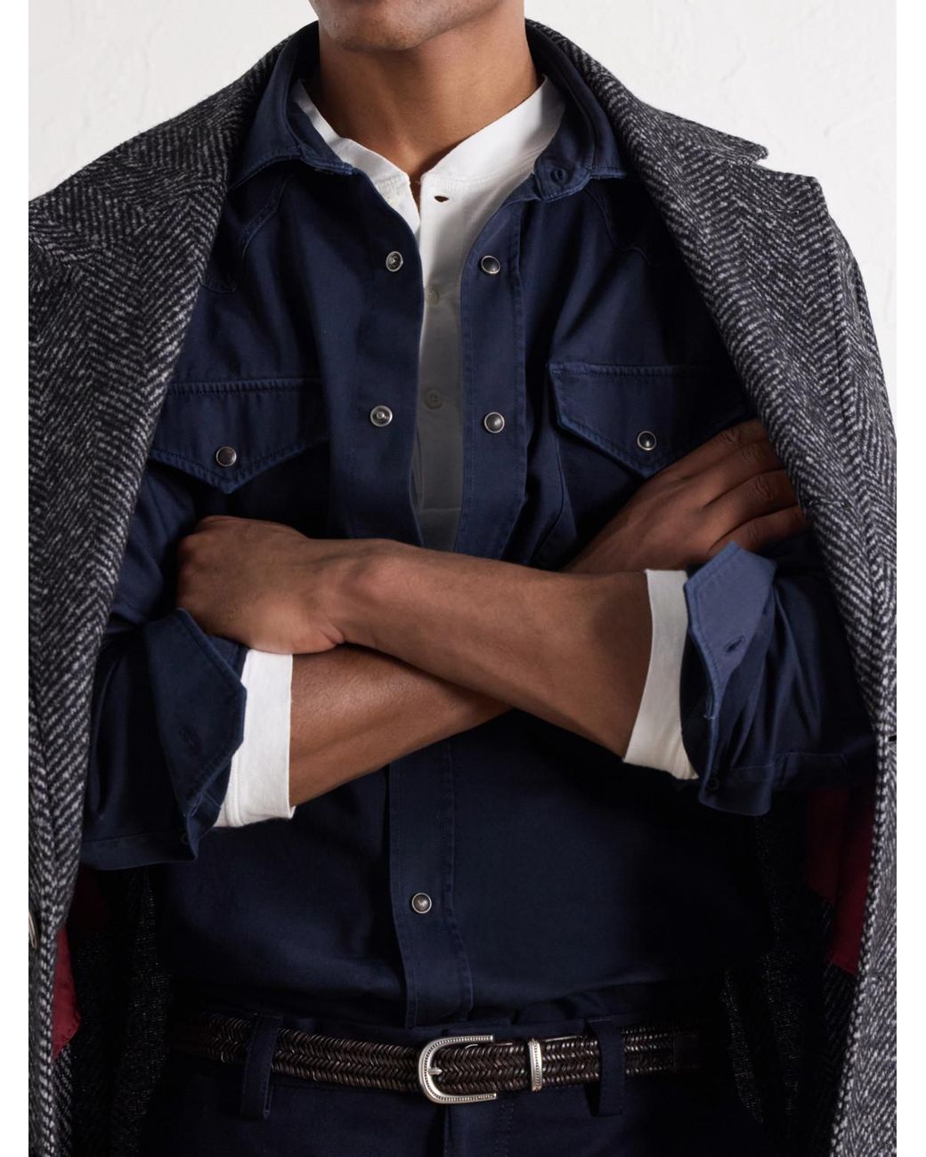 Brunello Cucinelli Blue Cotton-Canvas Western Shirt for men