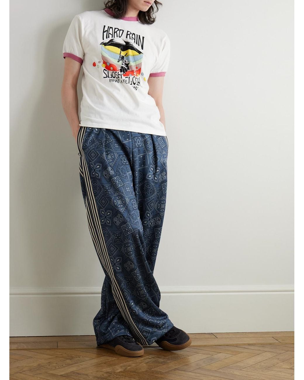 Kapital Blue Wide-Leg Striped Webbing-Trimmed Bandana-Print Tech-Jersey Track Pants for men