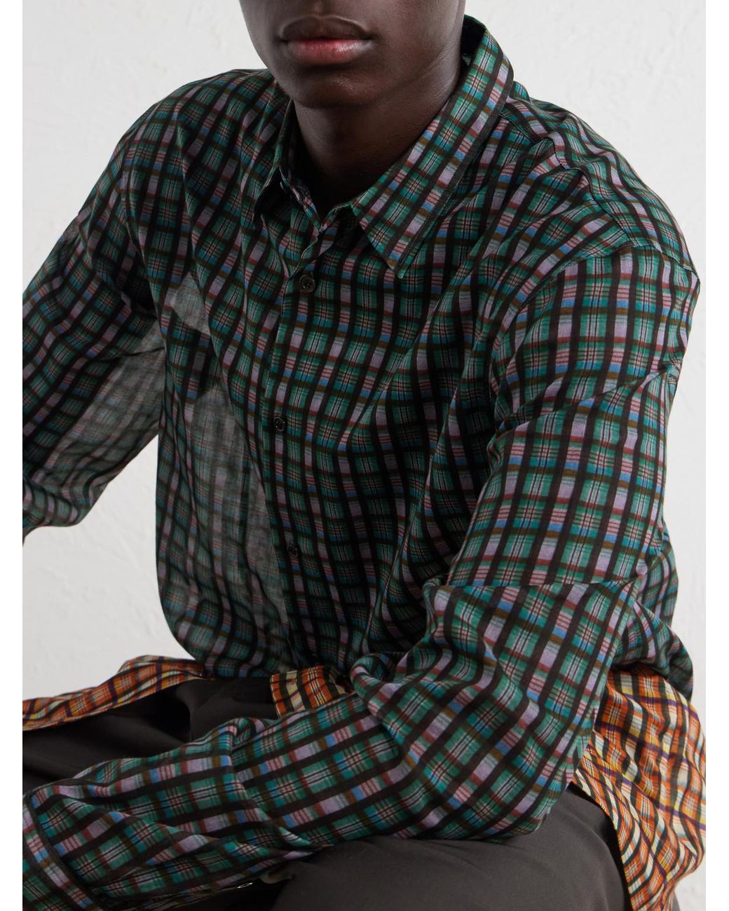 Dries Van Noten Blue Panelled Checked Cotton-Voile Shirt for men