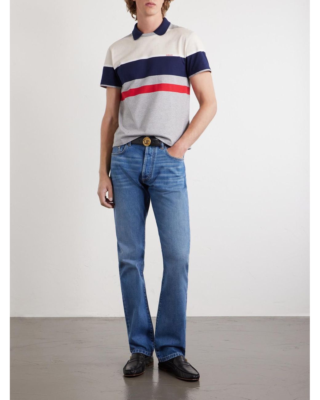 Versace Blue Logo-Embroidered Striped Cotton-Jersey Polo Shirt for men