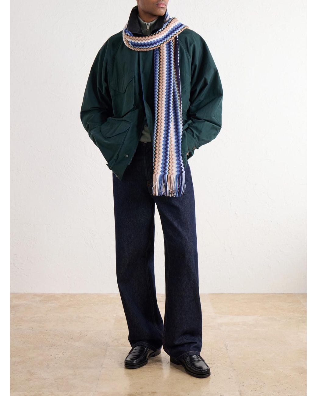 Missoni Blue Fringe-Trimmed Crochet-Knit Wool-Blend Scarf for men