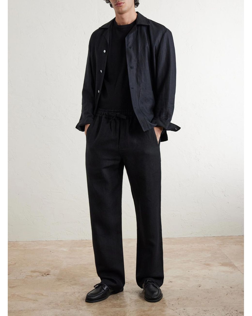 Saman Amel Black Straight-Leg Linen Trousers for men