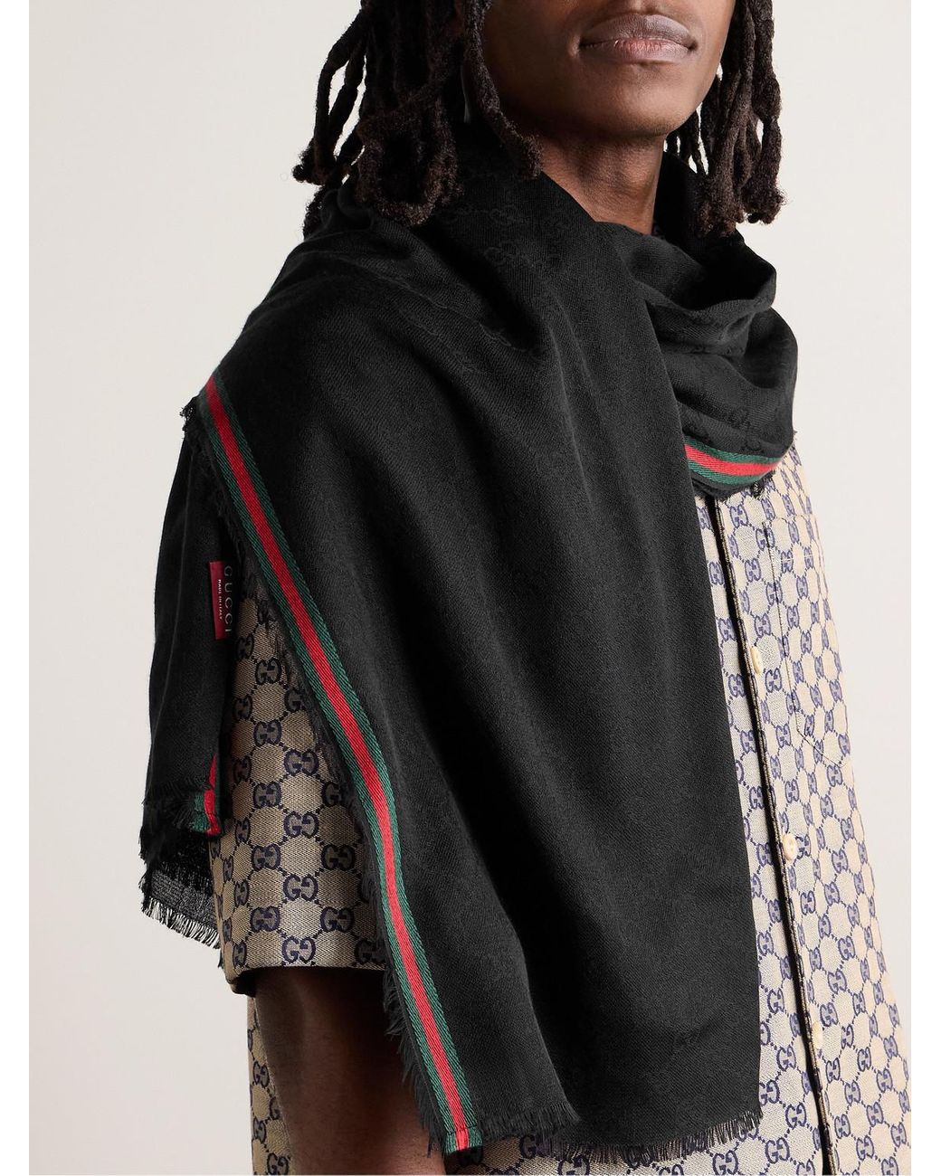 スカーフ GUCCI Frayed wool and silk-blend jacquard scarf Gucci GG Jacquard Wool Silk Frayed Metallic Edge Scarf￼ | eBay