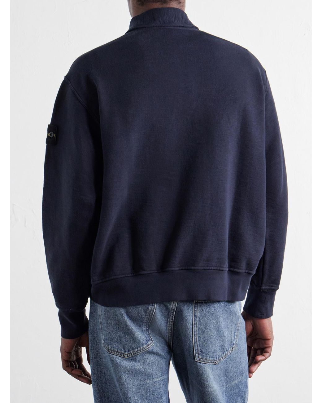 Stone Island Blue Garment-Dyed Tubular Cotton-Fleece Polo Sweater for men
