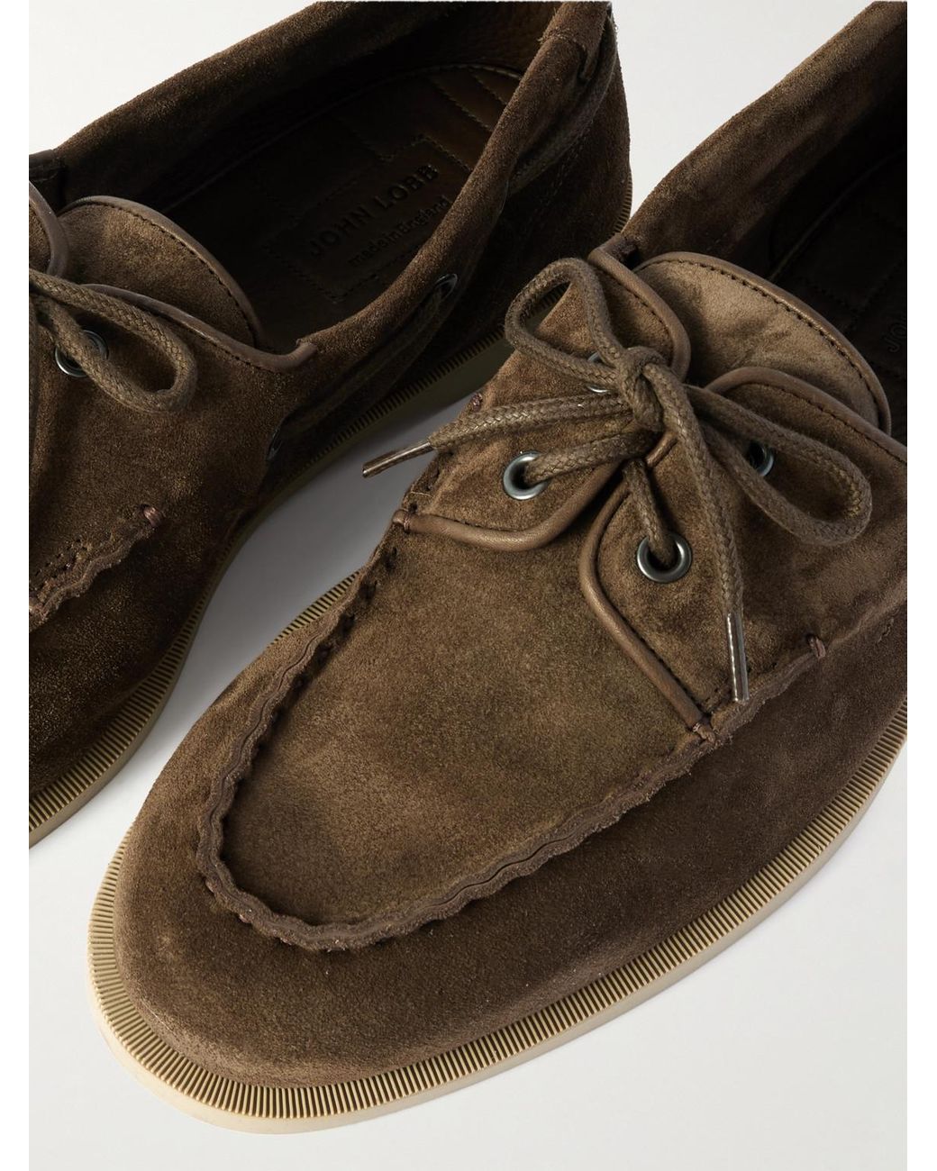 John Lobb Green Foil Suede Boat Shoes for men