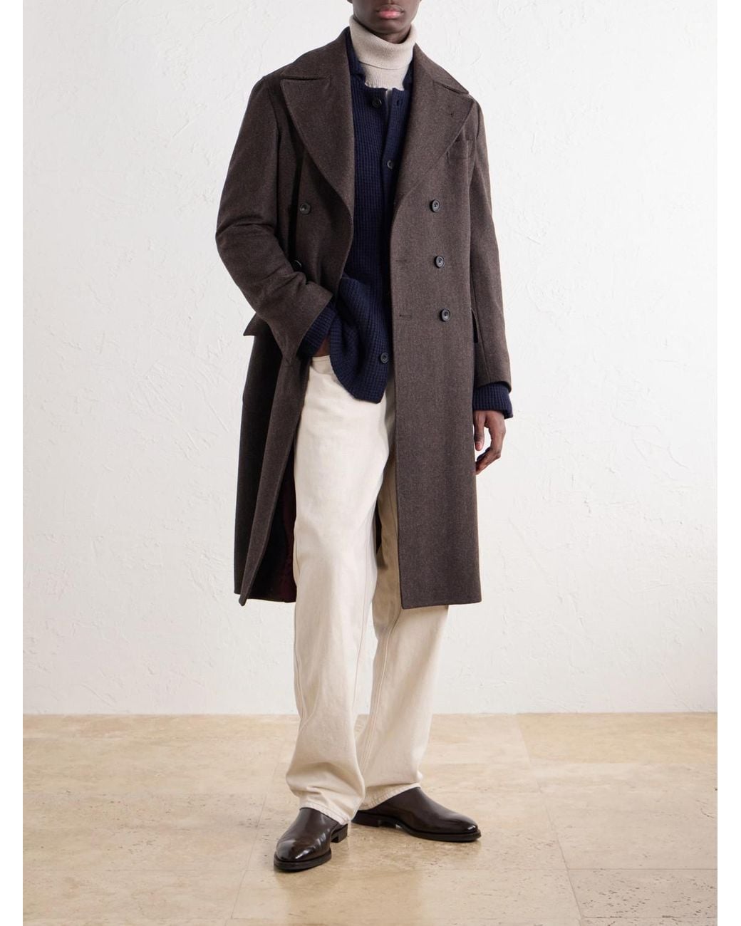 Rubinacci Brown Double-Breasted Herringbone Virgin Wool Twill Coat for men
