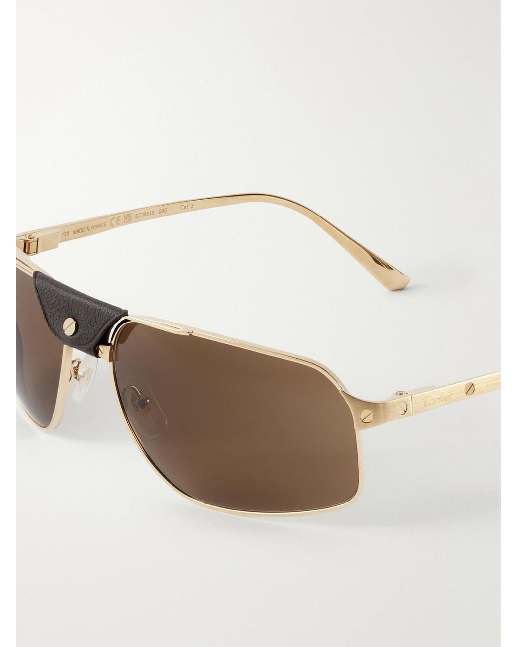 Cartier Brown Santos De Cartier Aviator-Style Leather-Trimmed-Tone Sunglasses for men