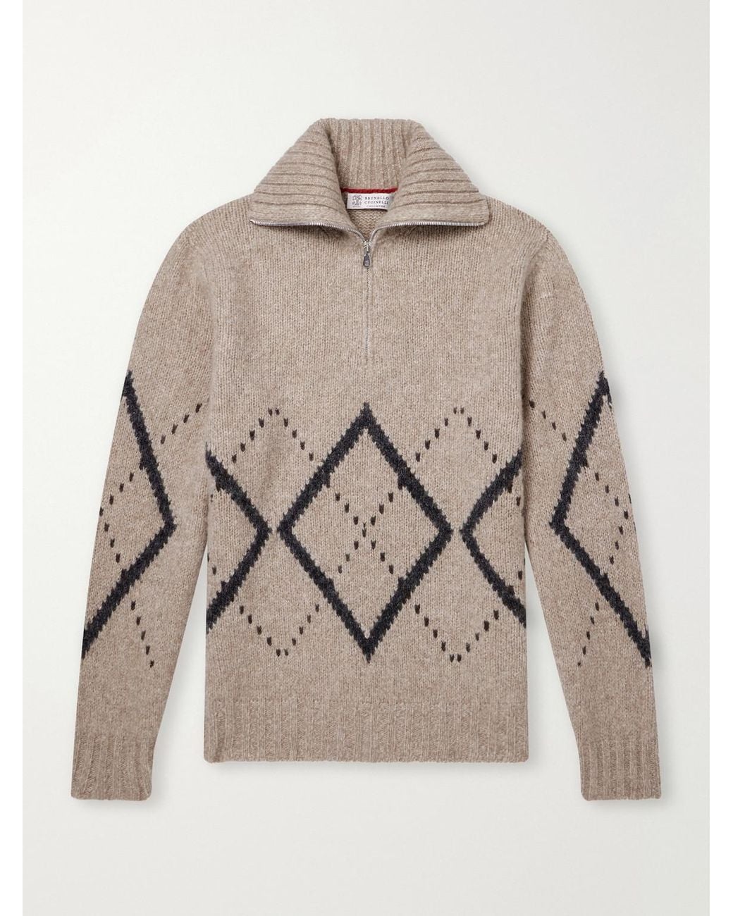 Brunello Cucinelli Natural Fair Isle Cashmere And Silk-Blend Half-Zip Sweater for men