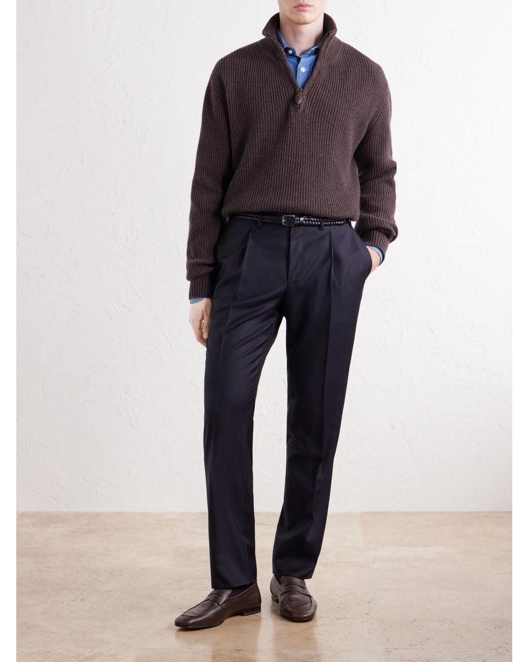 Canali Blue Tapered Pleated Wool-Twill Trousers for men