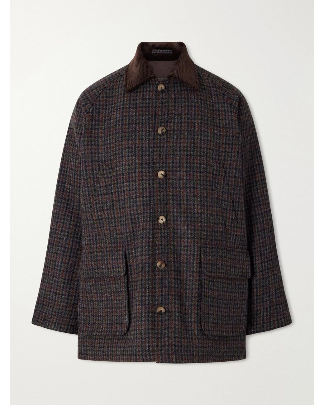 De Bonne Facture Black Checked Corduroy-Trimmed Wool-Tweed Jacket for men