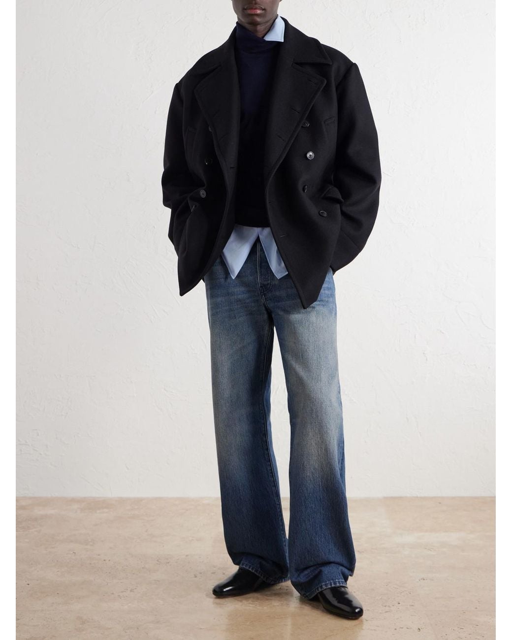 Dries Van Noten Black Double-Breasted Wool-Blend Coat for men