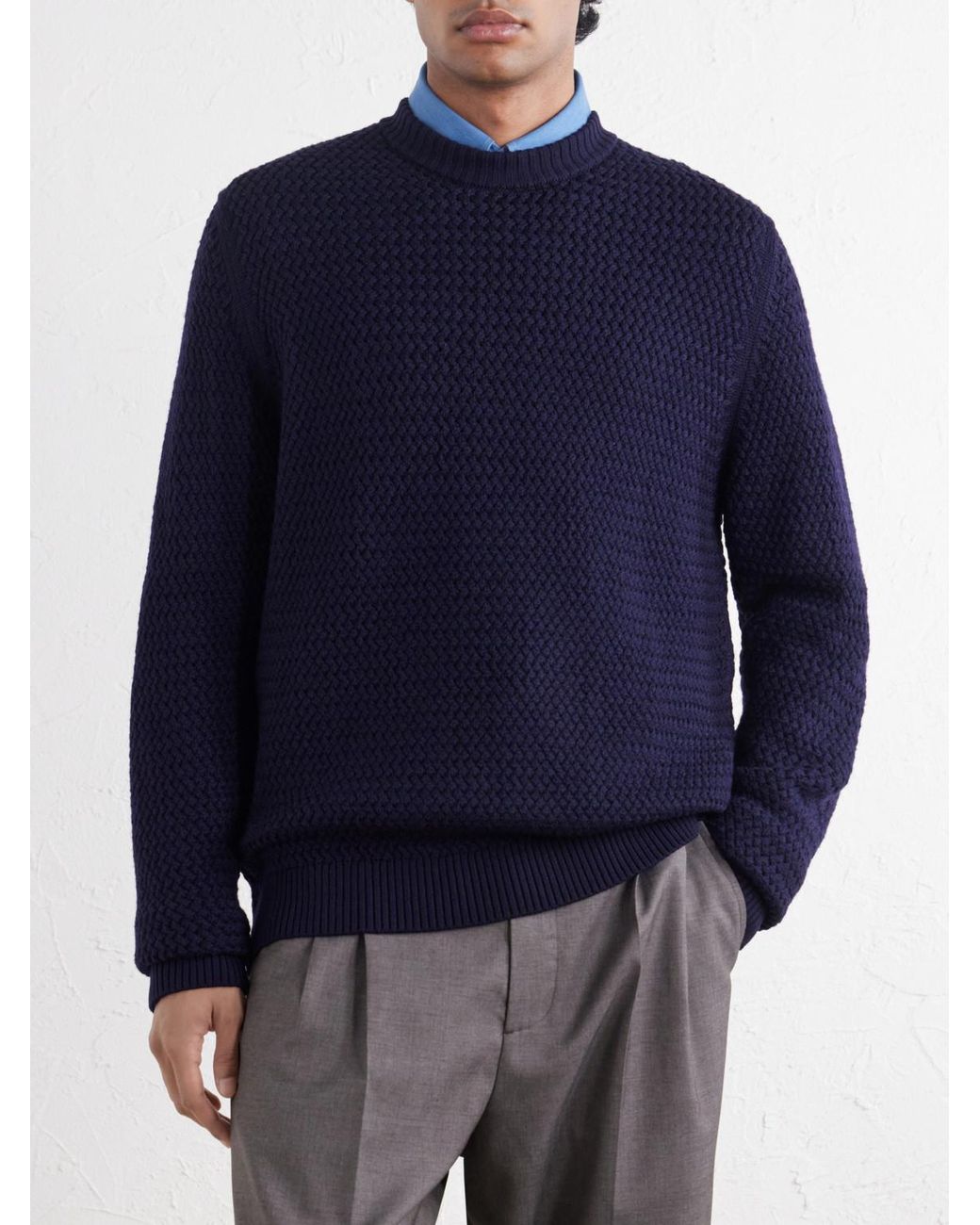 Sunspel Blue Merino Wool-Basketweave Sweater for men