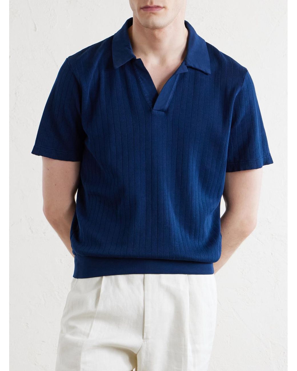 Oliver Spencer Blue Westcott Open-Collar Organic Cotton Polo Shirt for men