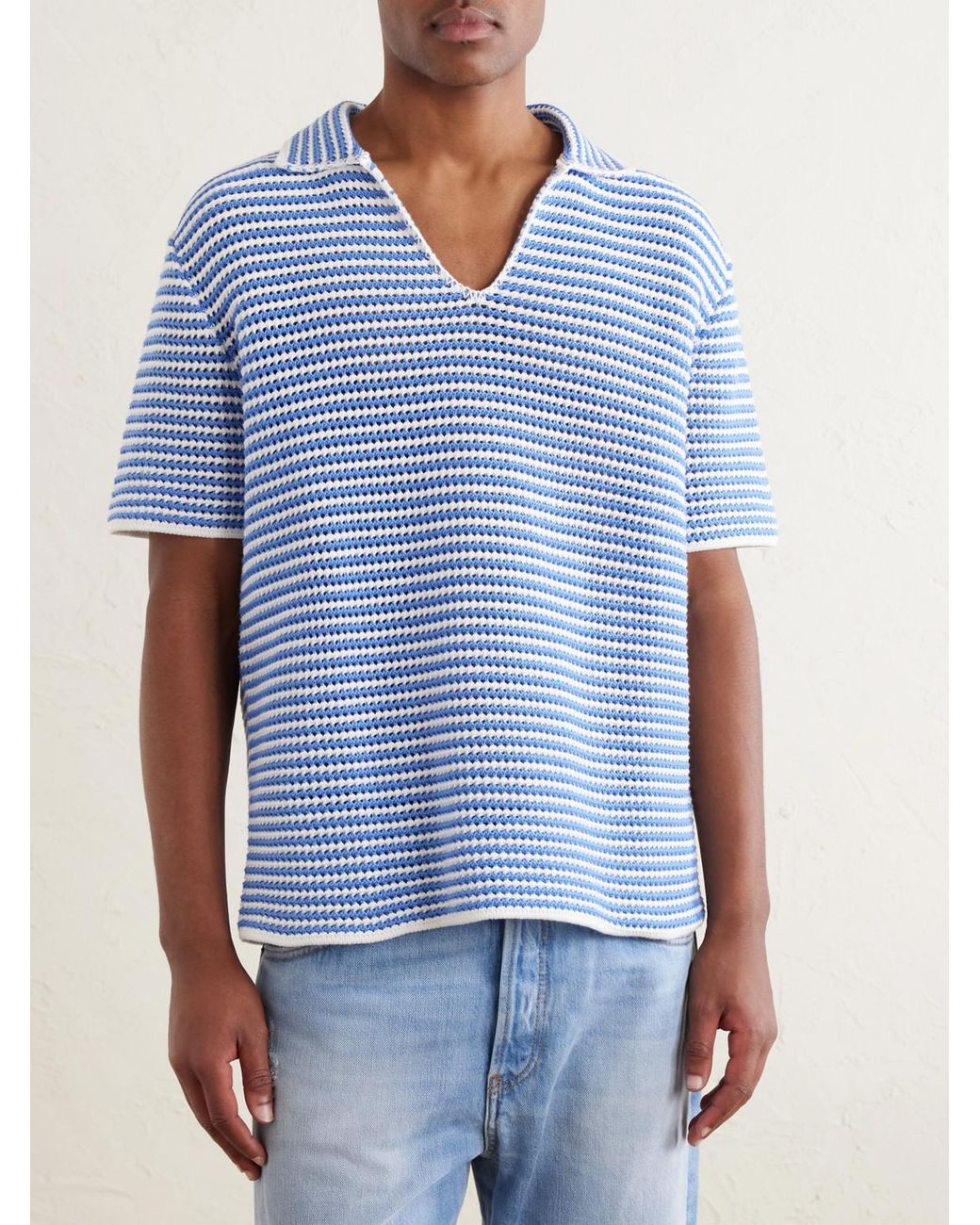 Orlebar Brown Blue Batten Striped Open-Knit Cotton Polo Shirt for men