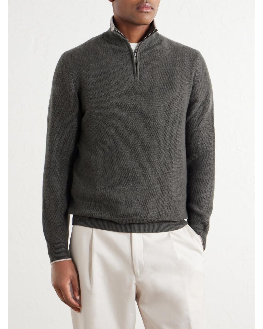 Fedeli Gray Ape Half-Zipped Cashmere Sweater for men