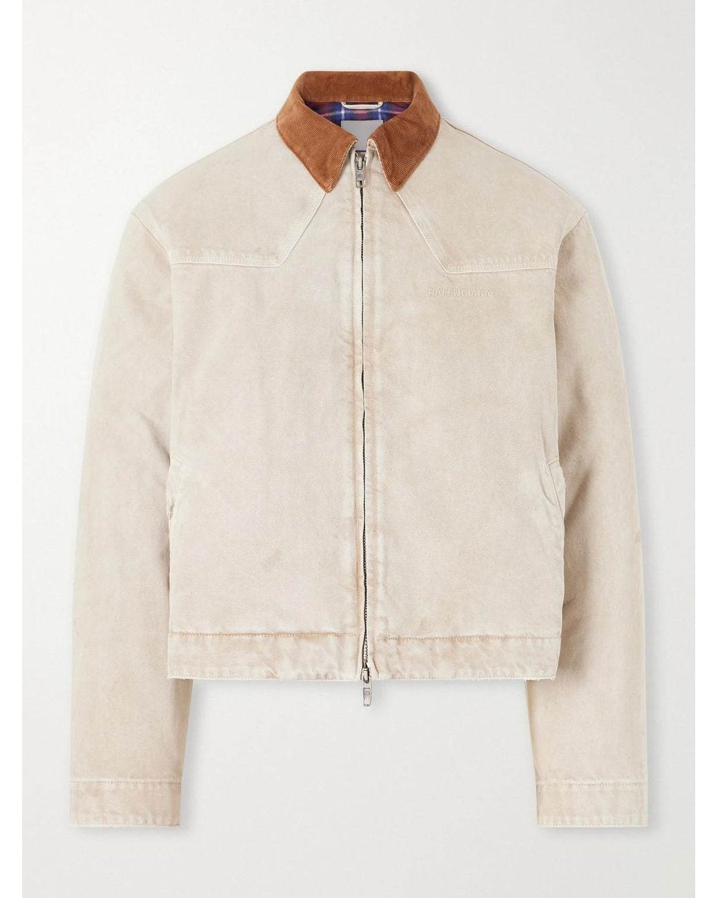 Balenciaga Natural Logo-Embroidered Corduroy-Trimmed Paint-Splattered Denim Jacket for men