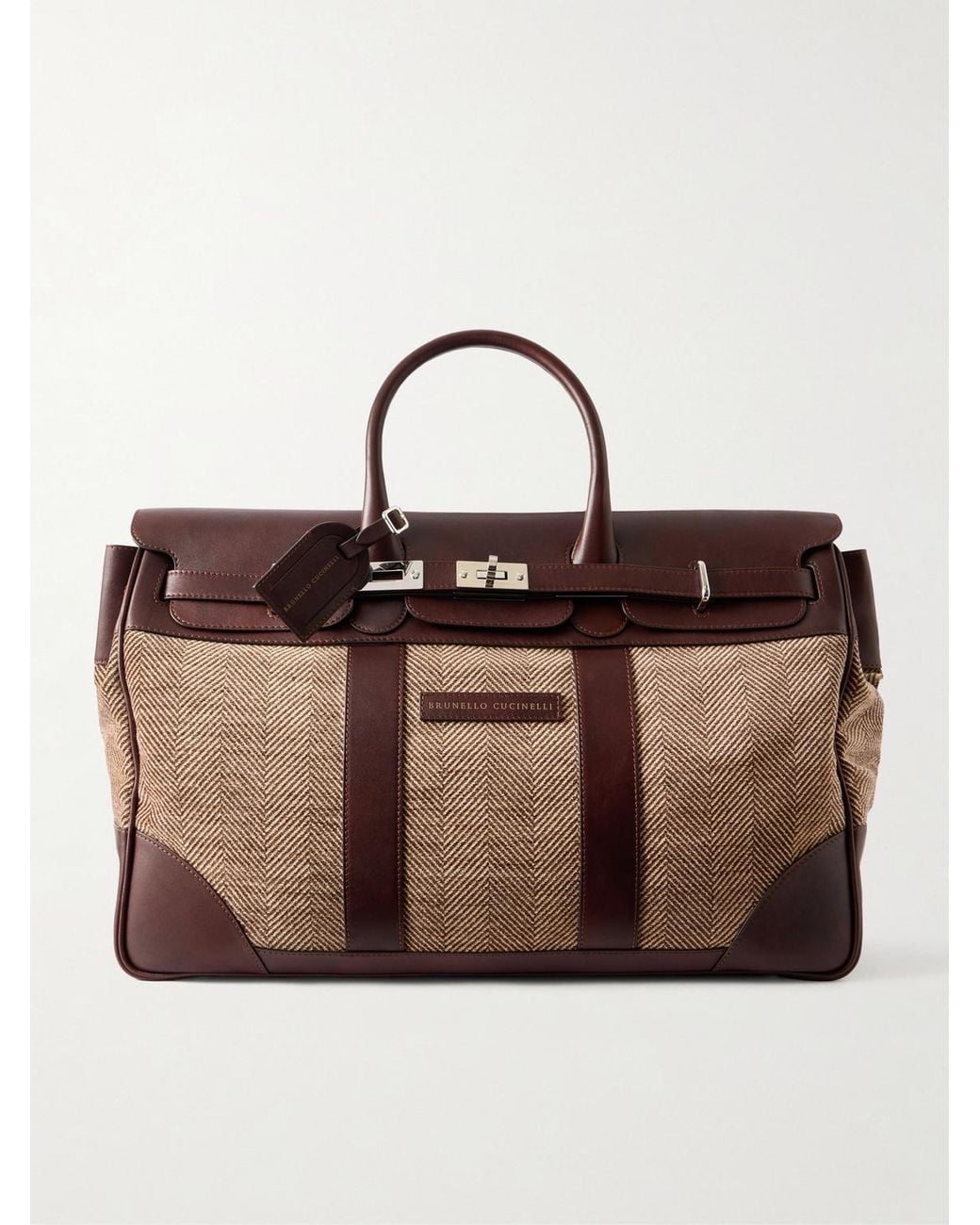 Brunello Cucinelli Brown Herringbone Canvas And Leather Weekend Bag for men