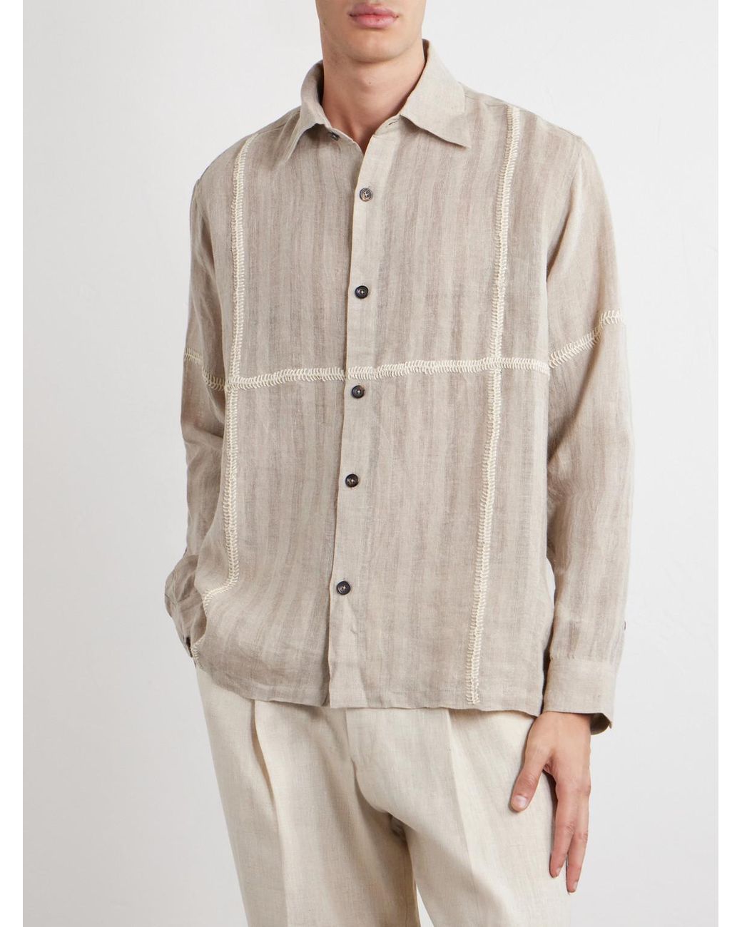 Kartik Research Natural Rabari Embroidered Linen Shirt for men
