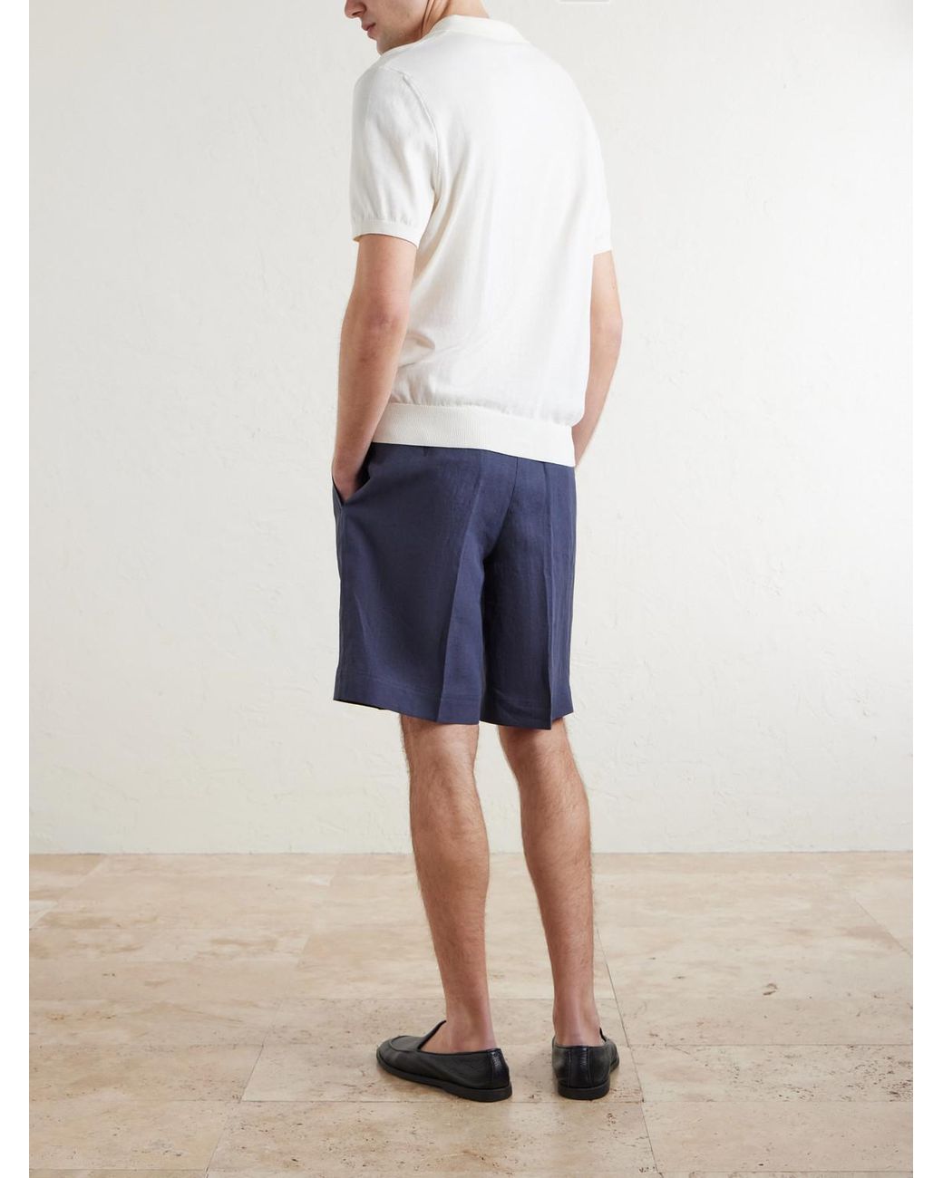 Rubinacci Blue Straight-leg Pleated Linen Shorts for men