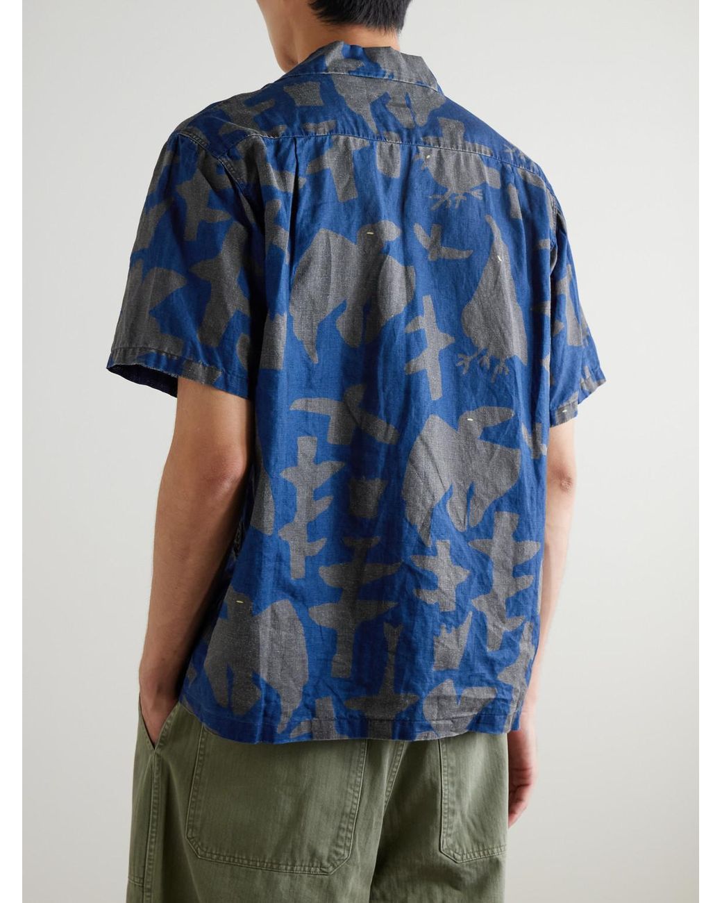 Kapital Blue Convertible-Collar Printed Linen Shirt for men