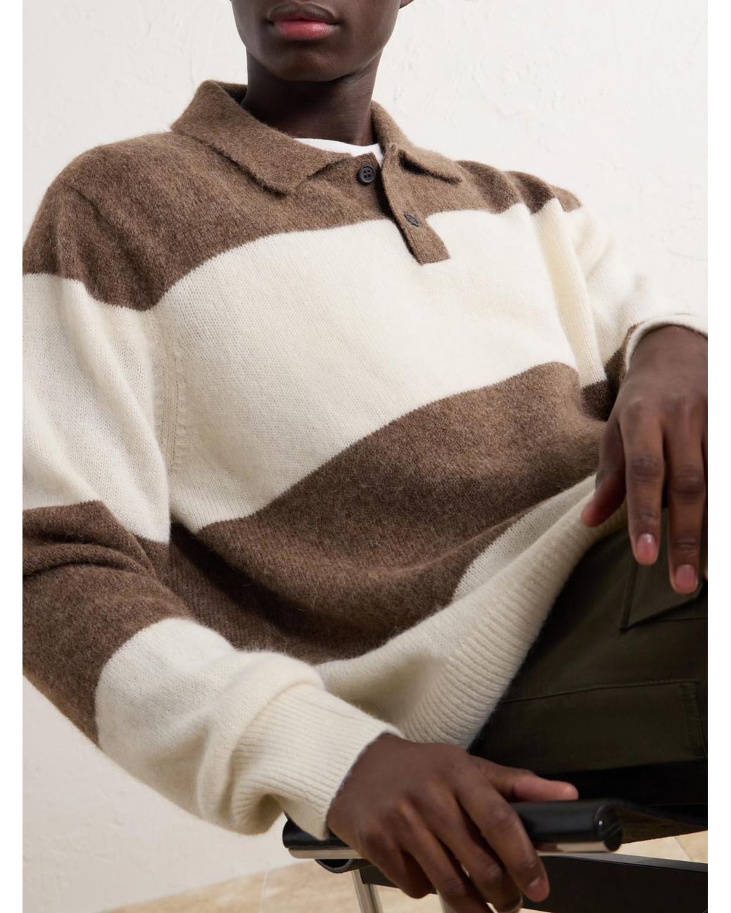 Corridor NYC Natural Striped Woven Brushed Alpaca-Blend Polo Sweater for men