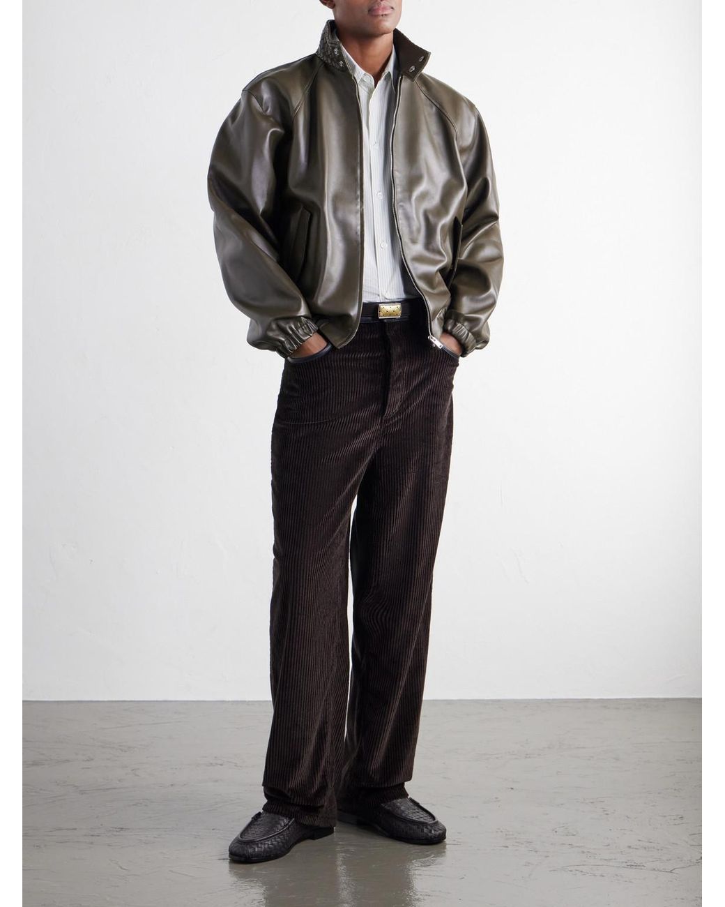 Bottega Veneta Black Straight-Leg Leather-Trimmed Cotton-Corduroy Trousers for men