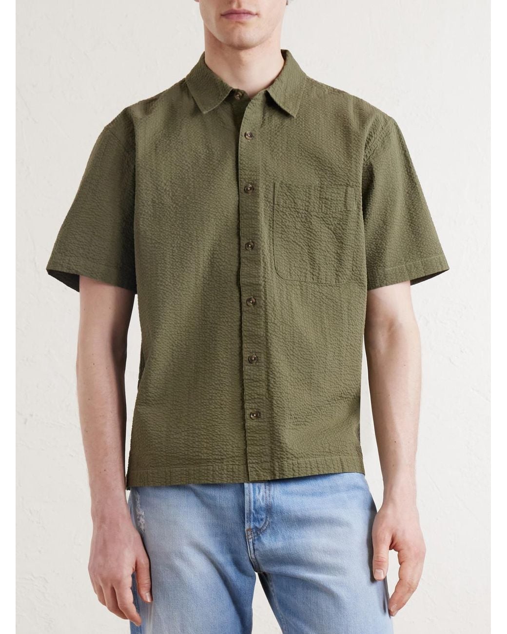 Aimé Leon Dore Green Cropped Cotton-Seersucker Shirt for men