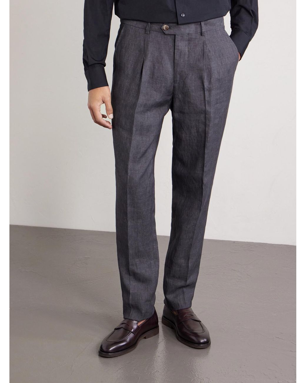 Brunello Cucinelli Gray Slim-fit Pleated Linen Suit Trousers for men