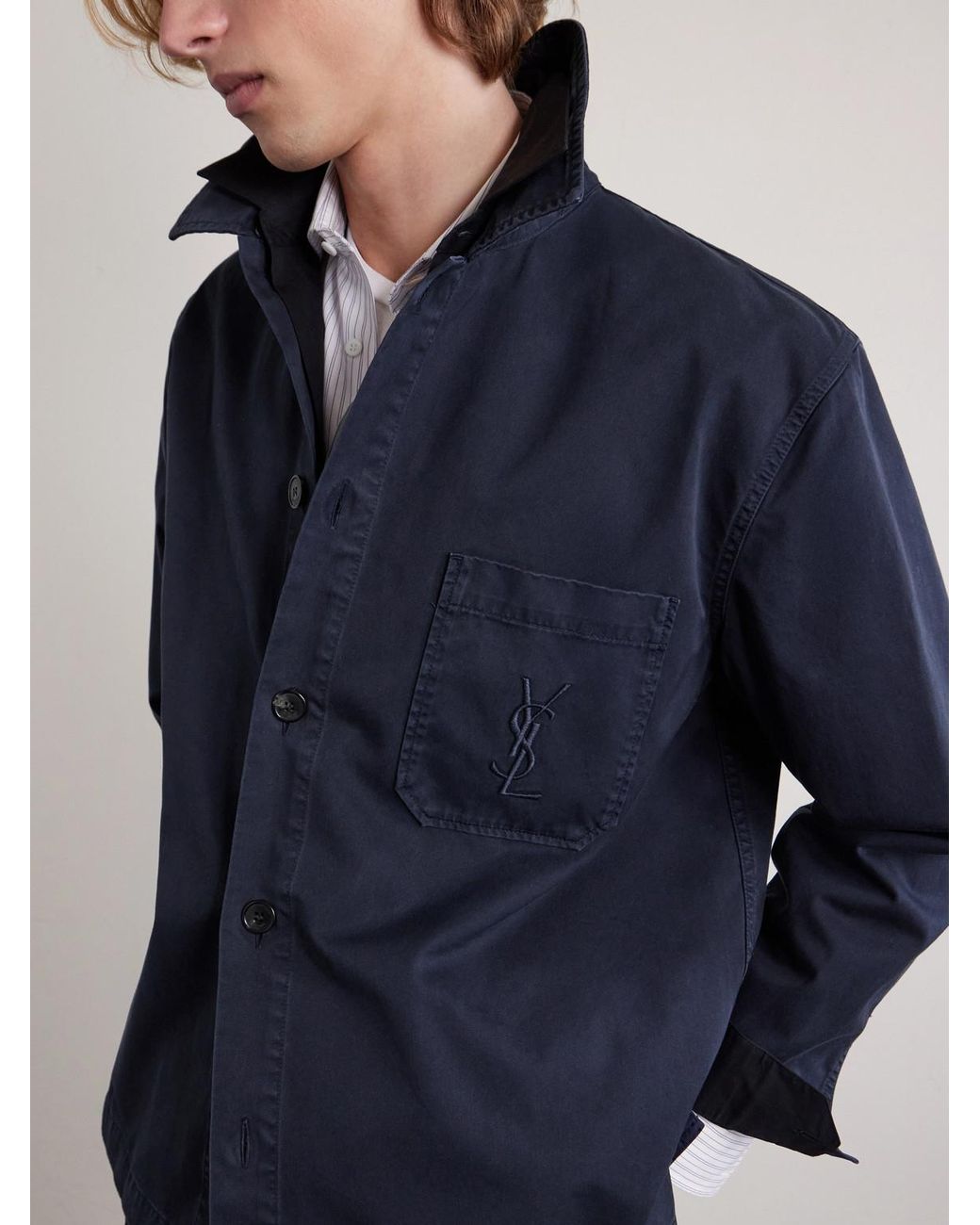 Saint Laurent Blue Logo-Embroidered Cotton-Twill Overshirt for men