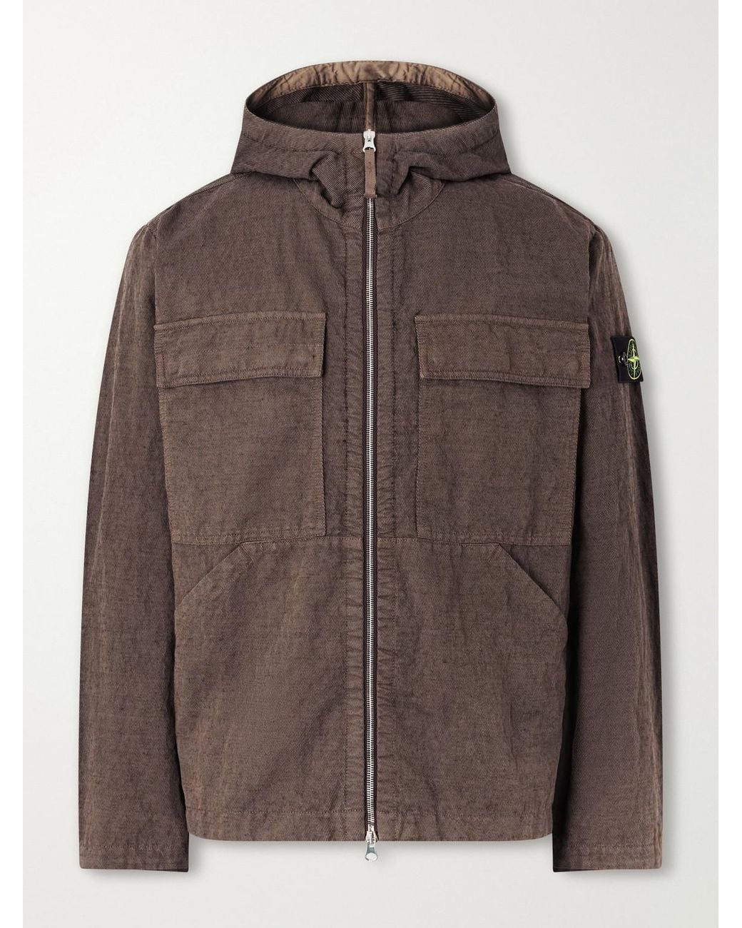 Stone Island Brown Hooded Garment-Dyed Diagonal Cotton Wool-Tc Jacket for men