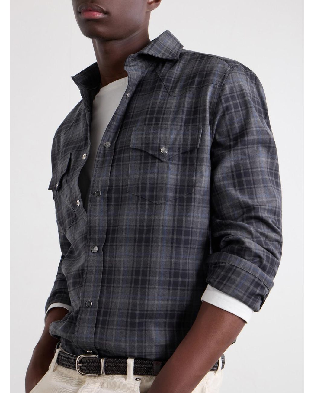Brunello Cucinelli Blue Checked Cotton-Flannel Shirt for men
