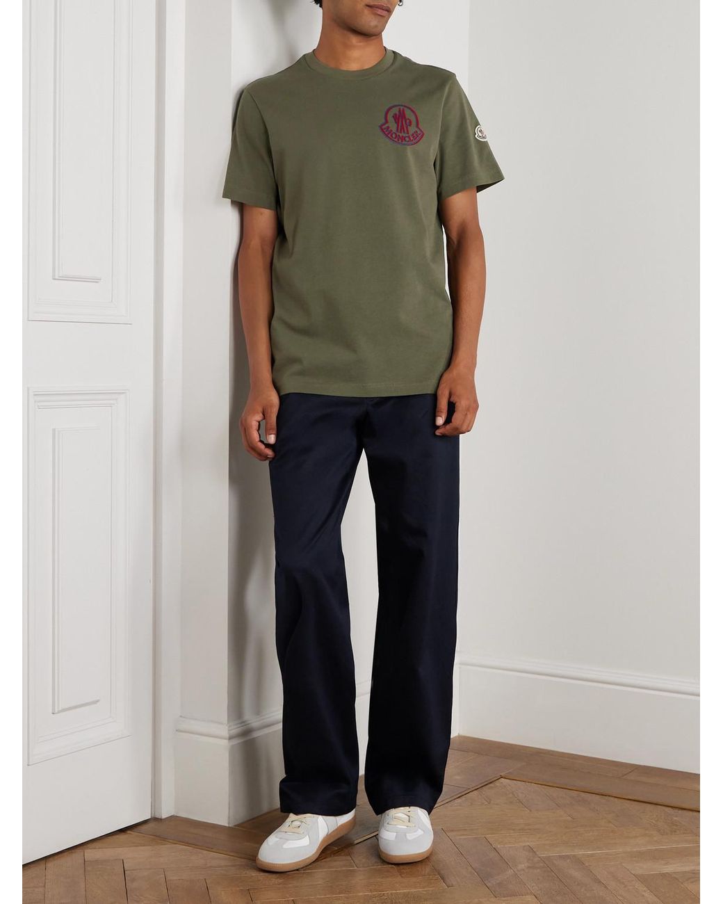 Moncler Green Logo-flocked Appliquéd Cotton-jersey T-shirt for men