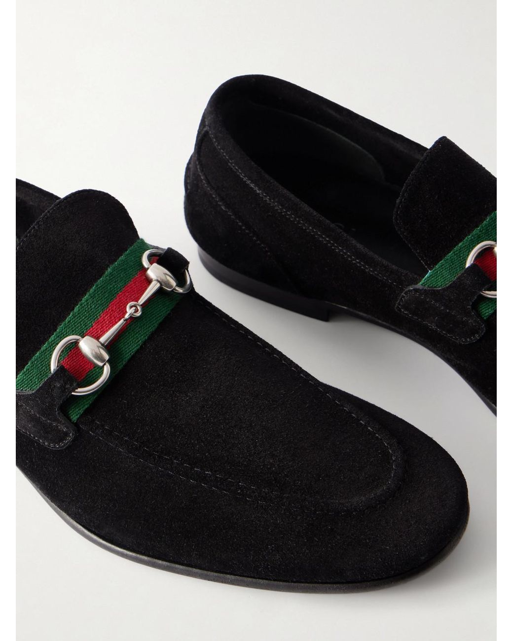 Gucci Black Como Horsebit-Embellished Web-Trimmed Suede Loafers for men