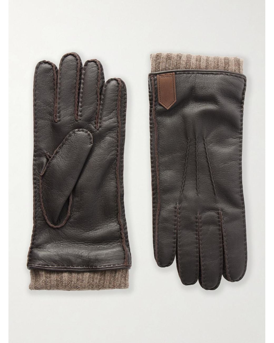 Canali Black Ribbed Cashmere-Trimmed Leather Gloves for men