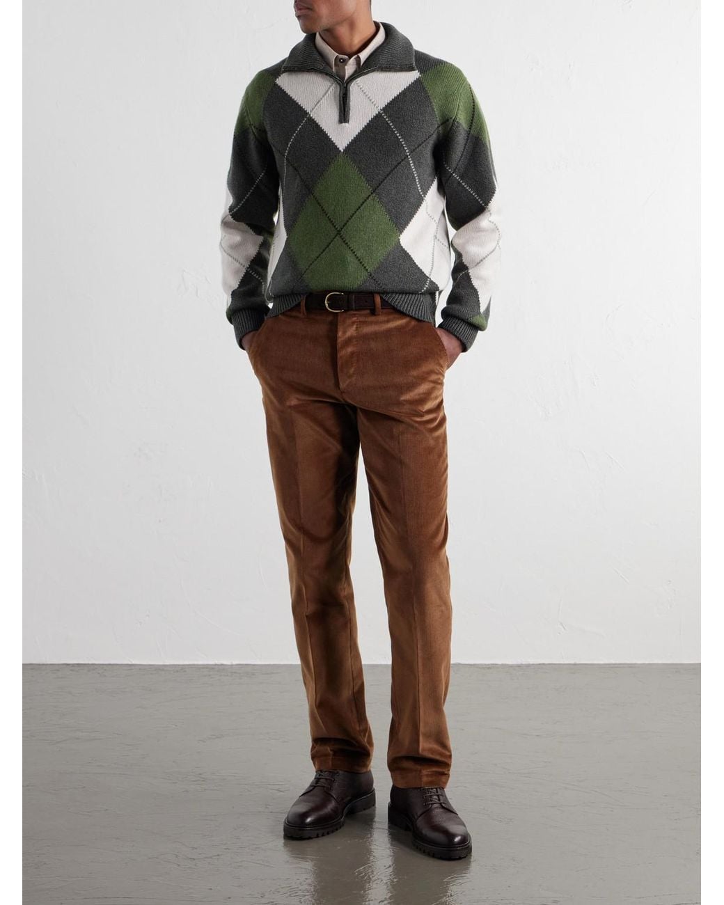 James Purdey & Sons Green Intarsia-Knit Argyle Wool And Cashmere-Blend Half-Zip Sweater for men