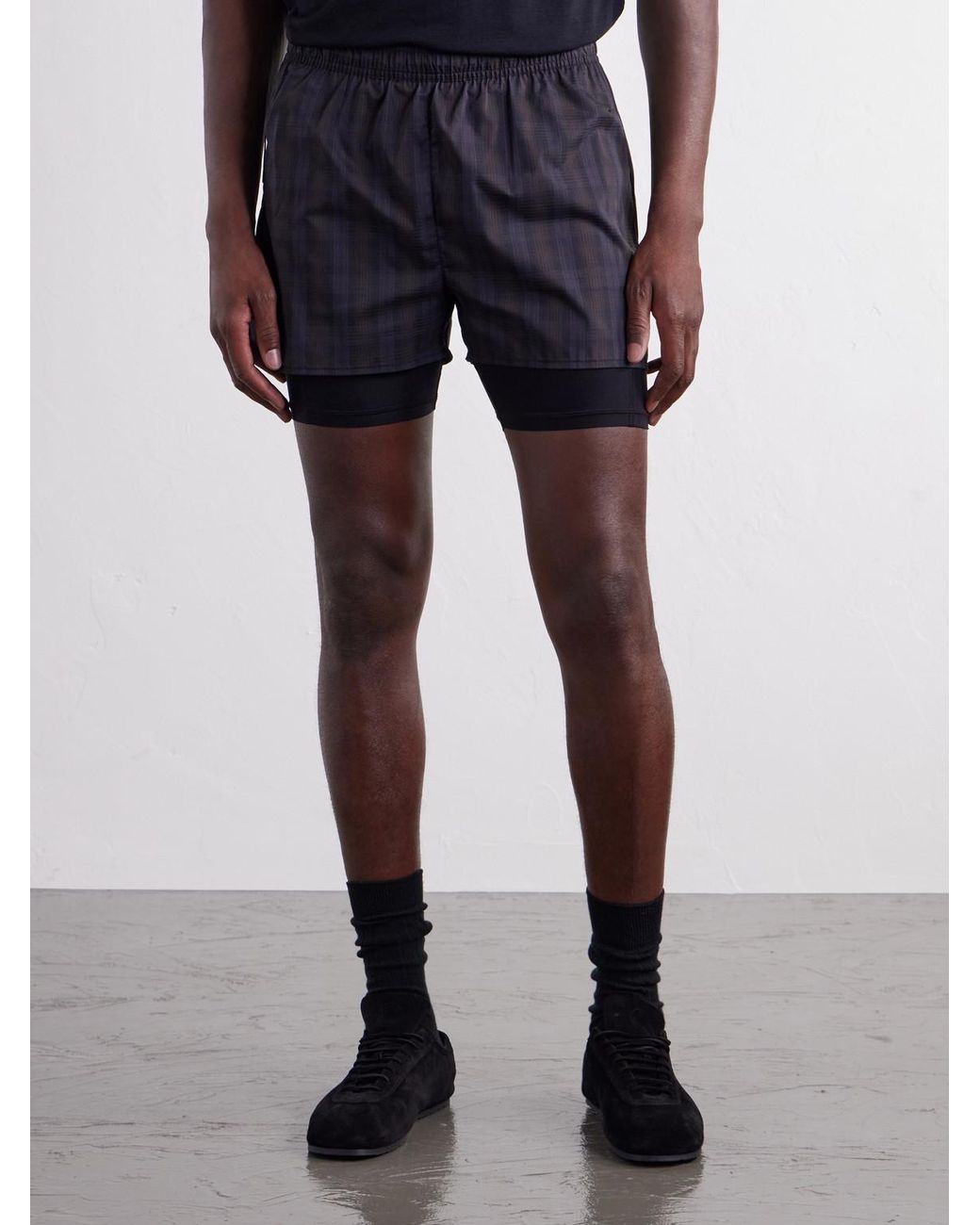 Literary Sport Blue Myles Layered Checked Shell And Stretch-Jersey Running Shorts for men