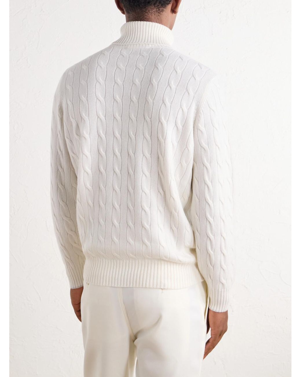 Brunello Cucinelli White Cable-Knit Cashmere Rollneck Sweater for men