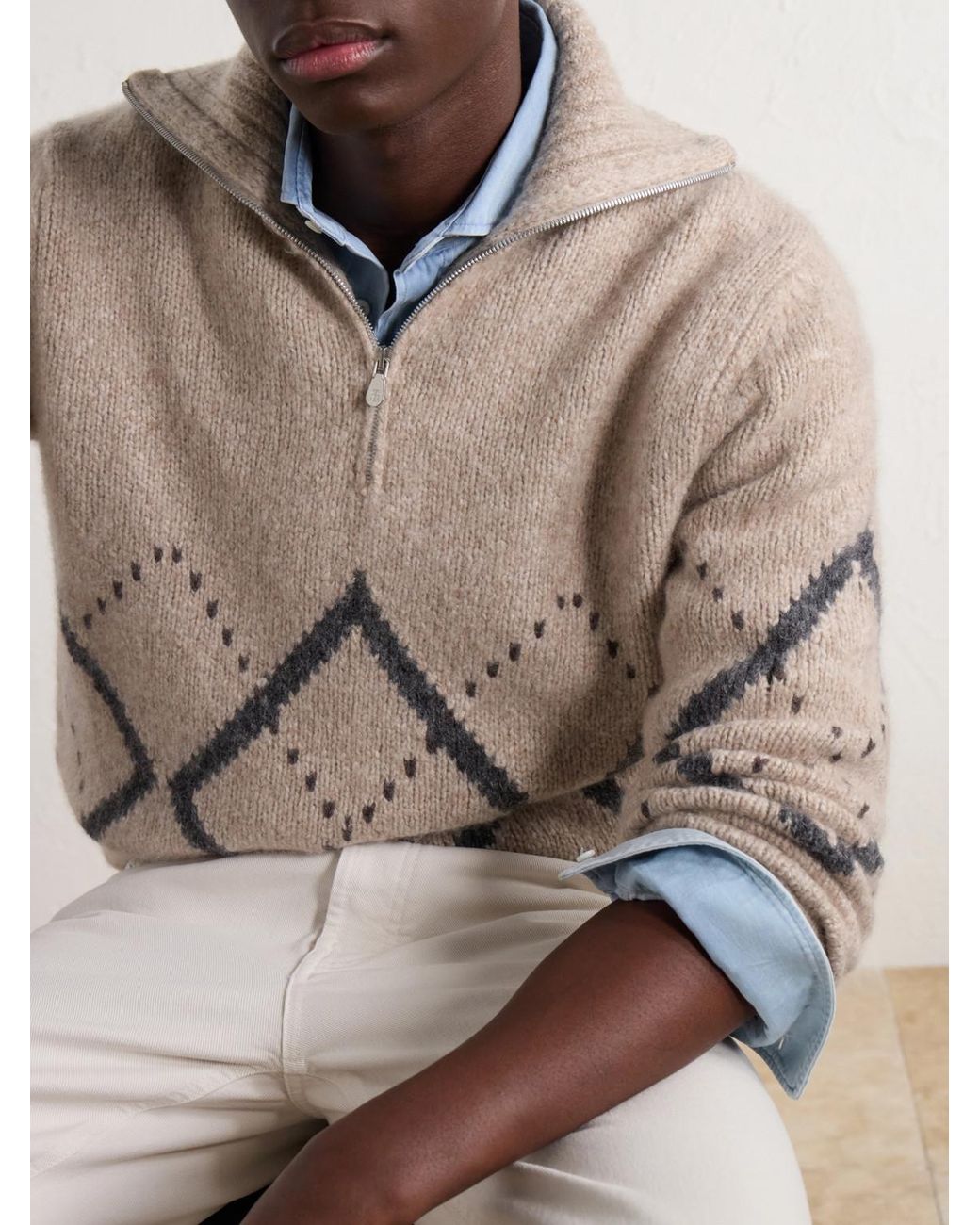 Brunello Cucinelli Natural Fair Isle Cashmere And Silk-Blend Half-Zip Sweater for men