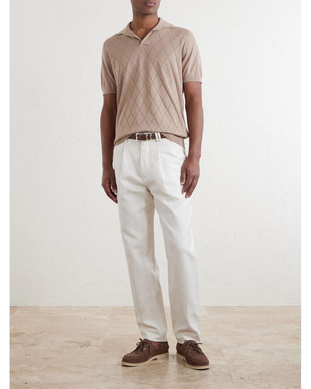 Brunello Cucinelli Natural Open-Collar Knitted Cotton Polo Shirt for men