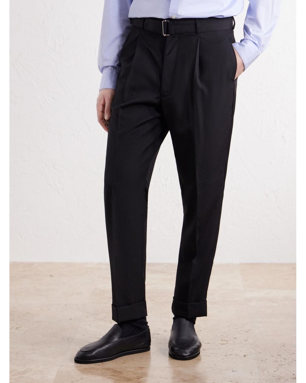 Officine Generale Blue Hugo Tapered Pleated Belted Virgin Wool-Hopsack Trousers for men