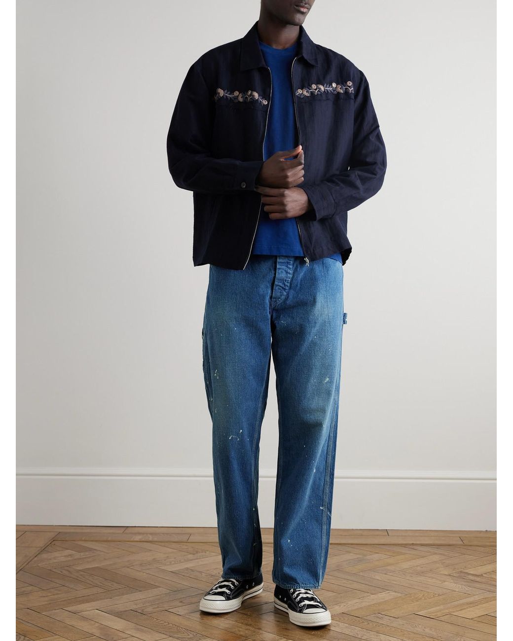 Orslow Blue Paint-Splattered Straight-Leg Selvedge Jeans for men