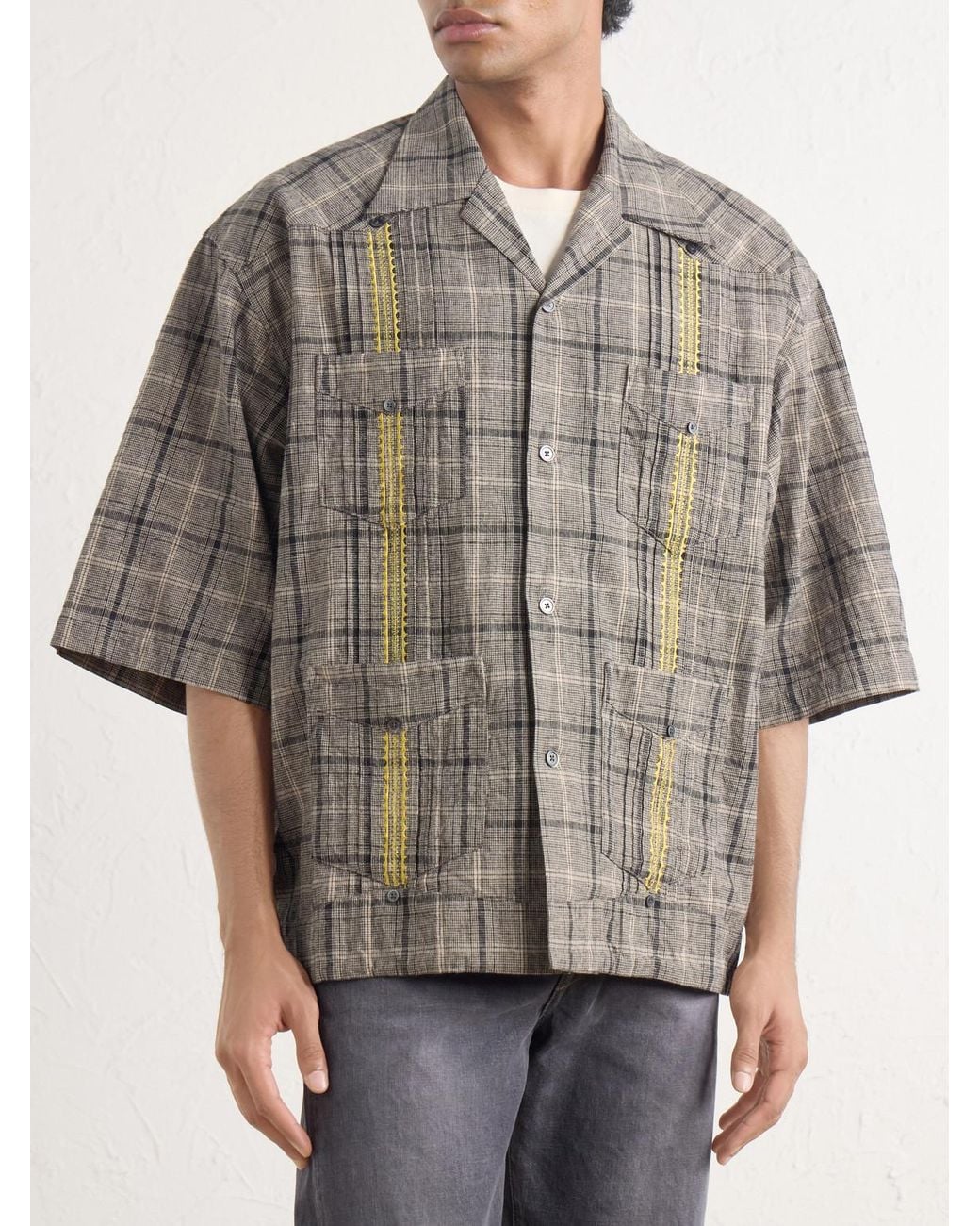 Kapital Gray Glen Embroidered Checked Linen And Cotton-blend Shirt for men