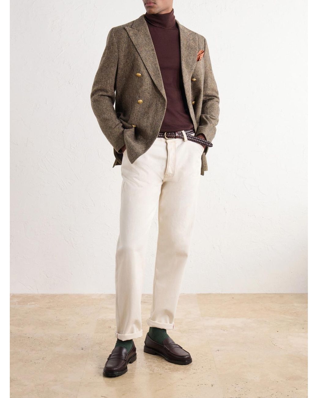 Slowear Brown Incotex Double-Breasted Herringbone Shetland Wool-Twill Blazer for men