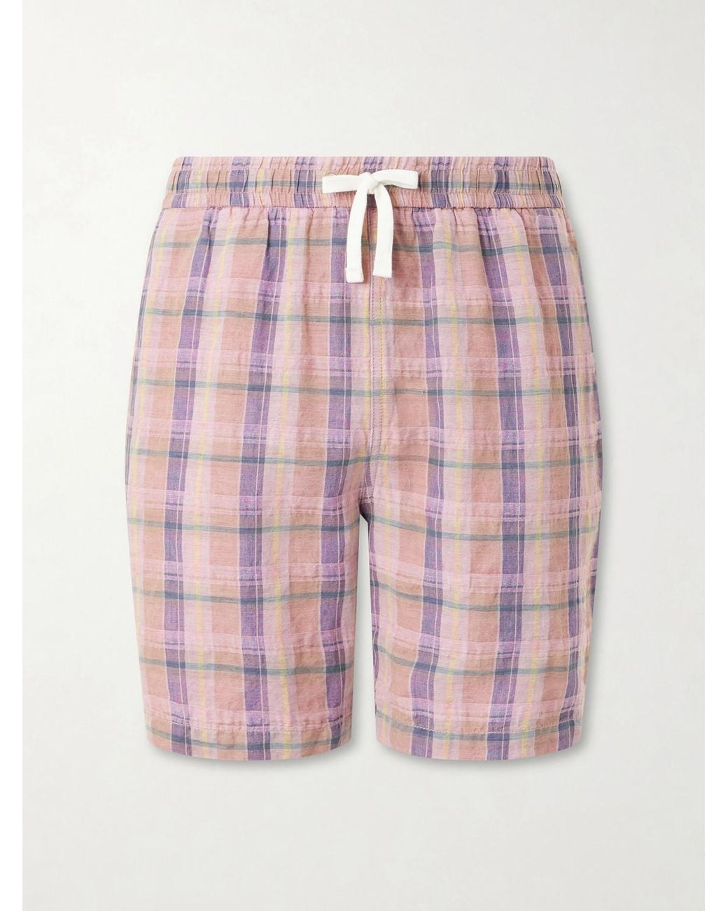 Drake's Pink Straight-Leg Checked Linen And Cotton-Blend Drawstring Shorts for men