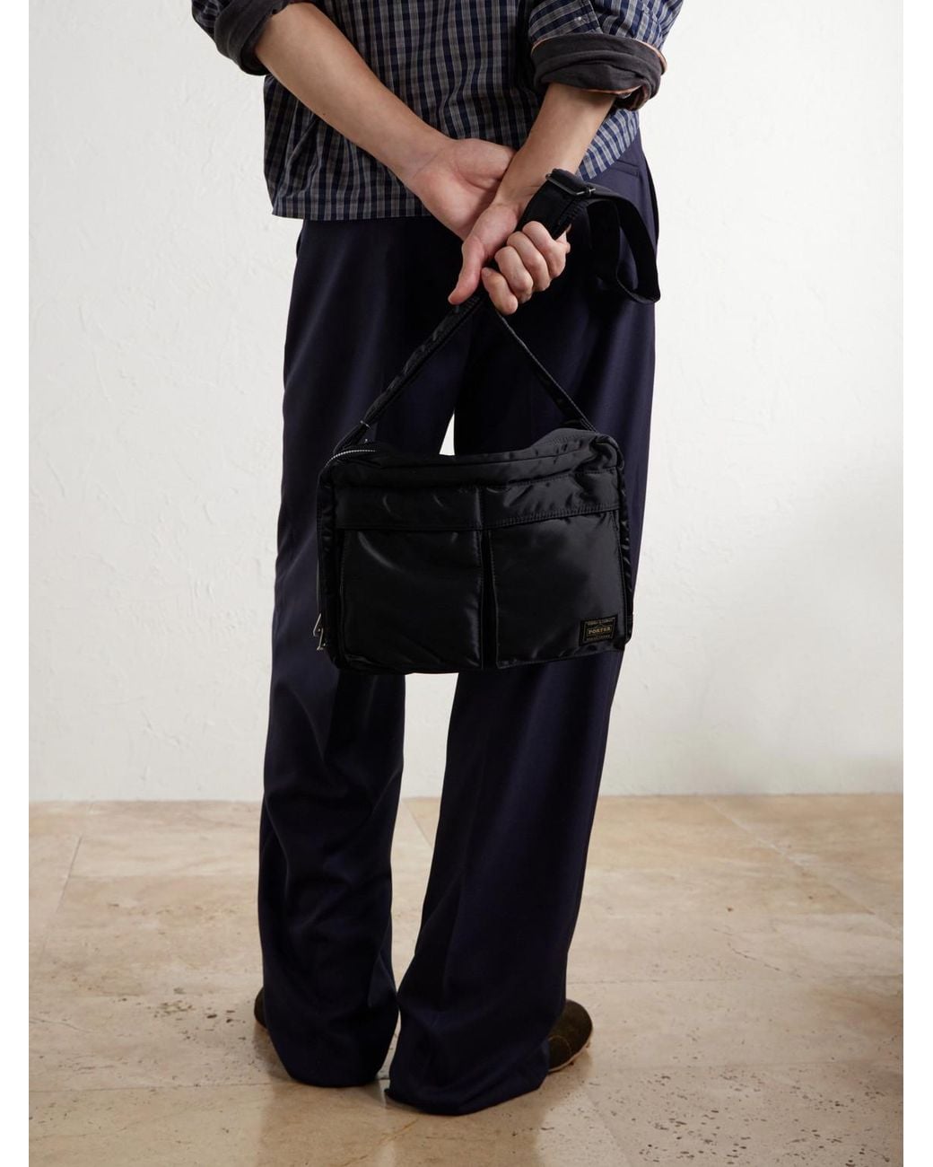 Porter-Yoshida and Co Black Tanker Sling Twill Messenger Bag for men